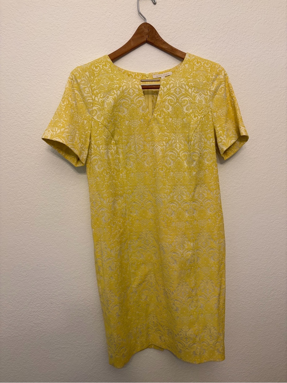 Yellow and Silver Brocade Short-Sleeve Shift Dress